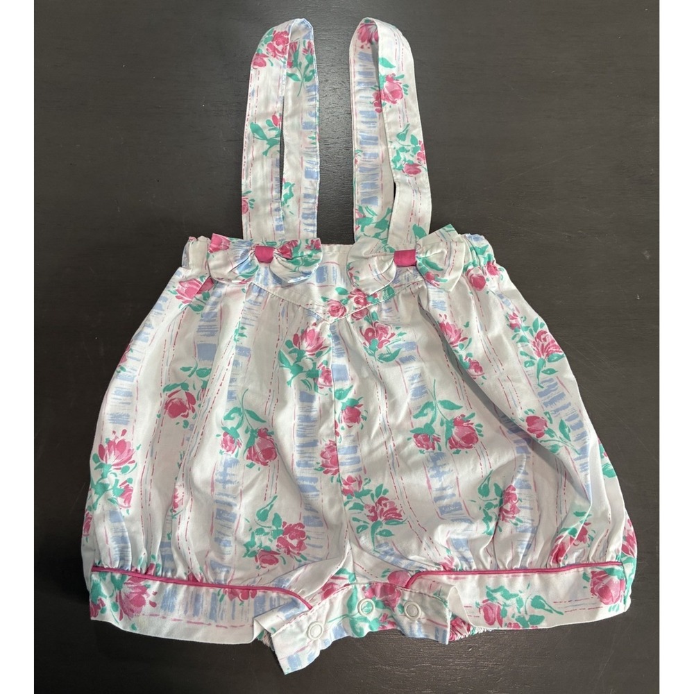 Vtg Baby Toddler White Pink Floral Overall Romper Size 24 Months